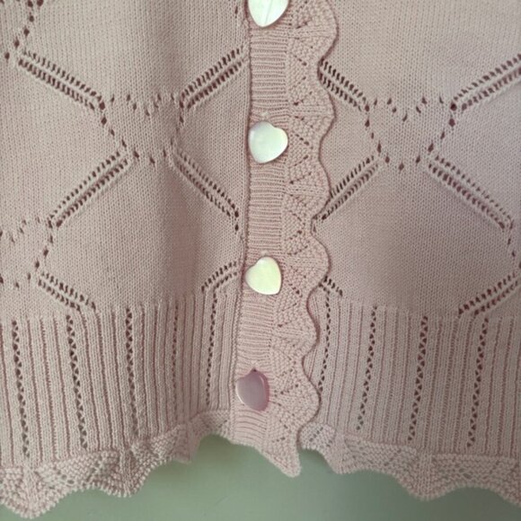 NWT LoveShackFancy Petra Knit Pointelle Heart Argyle Cardigan Velour Pink | S - Picture 11 of 11